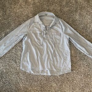 White and blue Striped long sleeve linen top